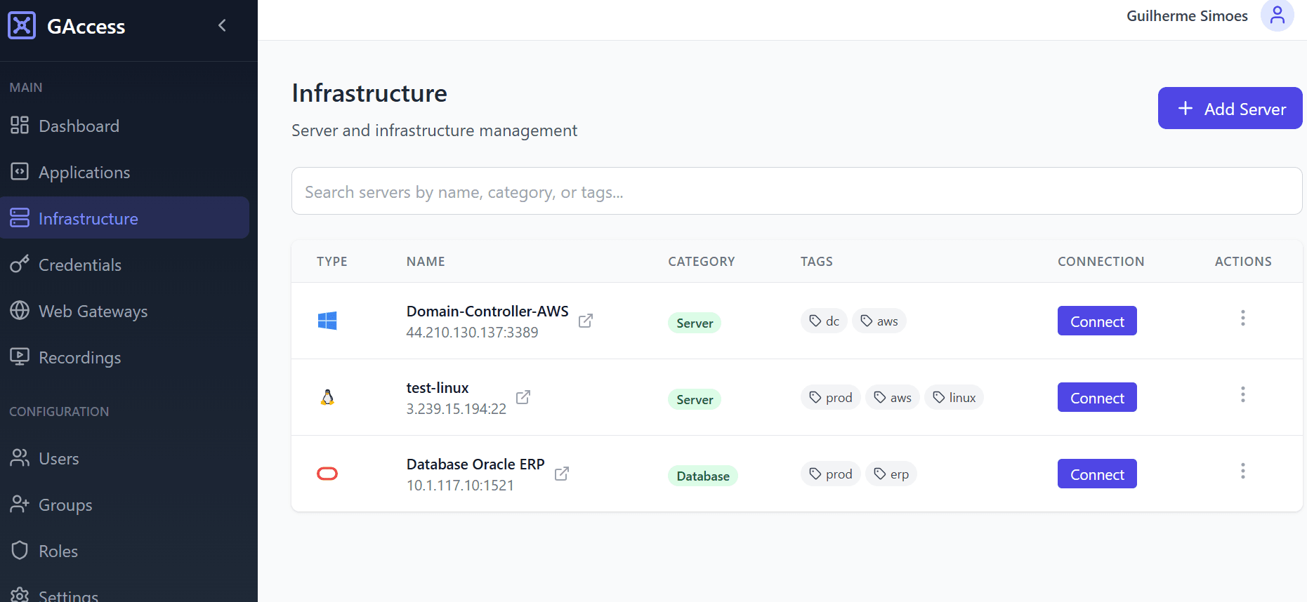 Interface da plataforma GAccess mostrando o painel de gerenciamento de acesso privilegiado com recursos de controle e monitoramento